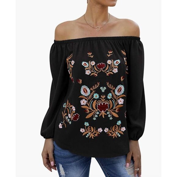 Black Floral Embroidered‎ Off Shoulder Long Sleeve Oversize Boho Top Blouse - Picture 7 of 9